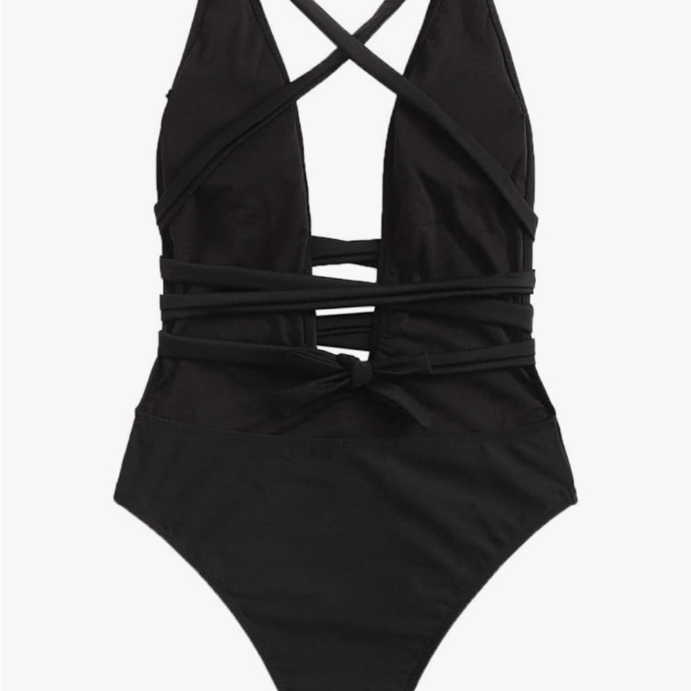 SweatyRocks Black Criss Cross One Pieces Swimsuit - Picture 2 of 11